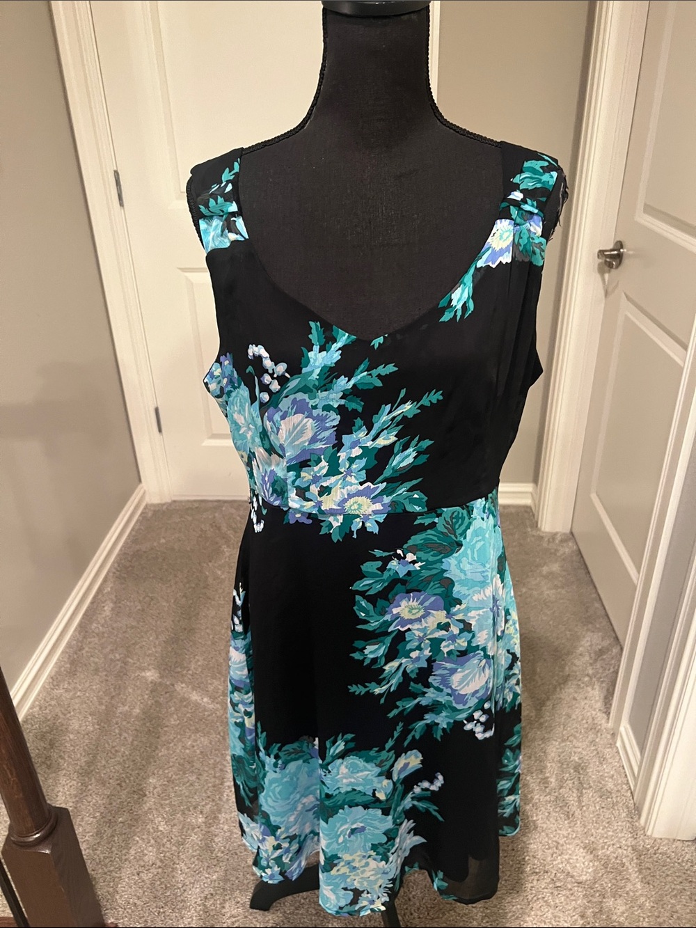 Merona Black Mini Dress with Teal and Aqua Floral Print
